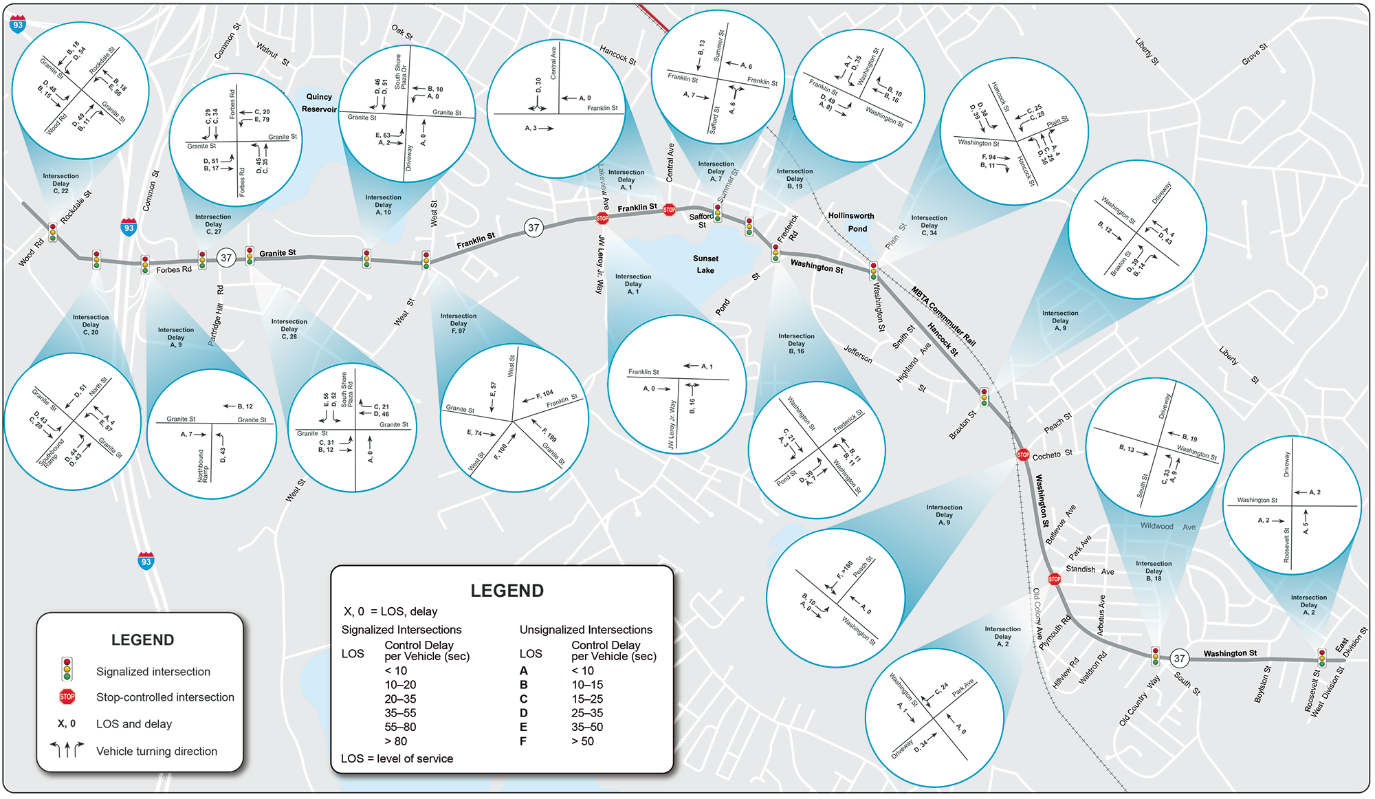 Figure 12 shows the weekend Saturday peak-hour LOS and delays for the existing conditions.